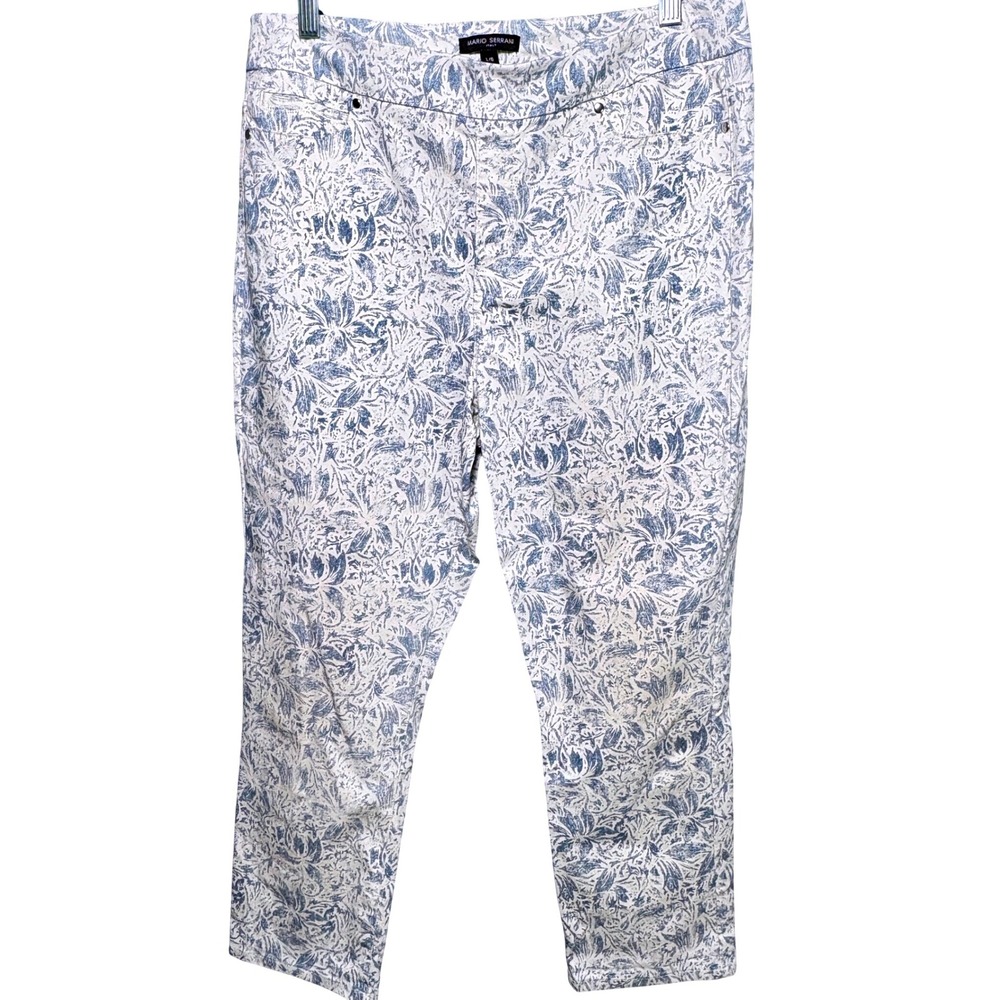 Mario Serrani L Pants Blue Floral Print Pull On Ankle Stretch Trousers L/G